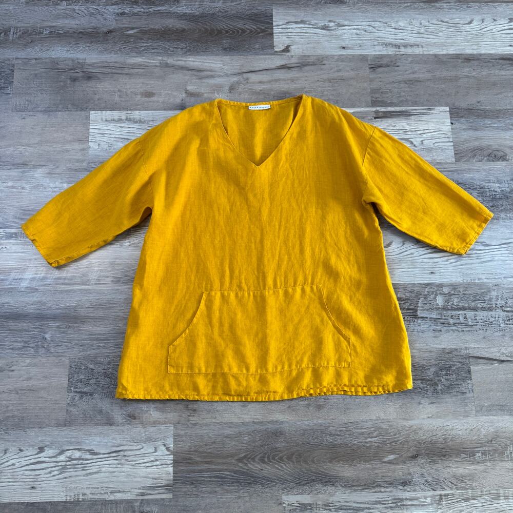 Bryn Walker Mustard Linen Tunic Top Kangaroo Pocket Lagenlook Boho Art to Wear L